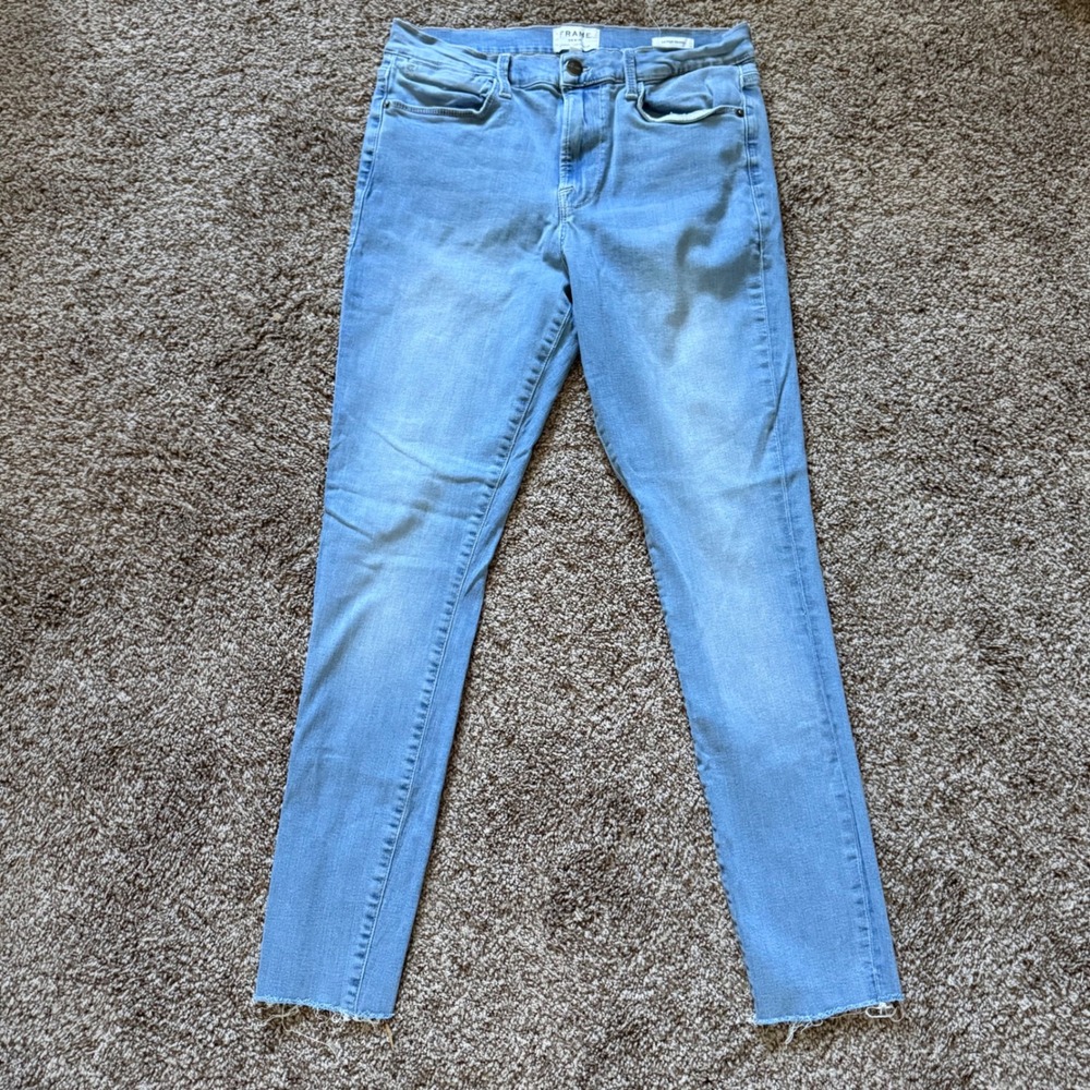 FRAME Le High Skinny Jeans Europa Light Blue Wash Raw Hem LHSKRA079 Womens 32